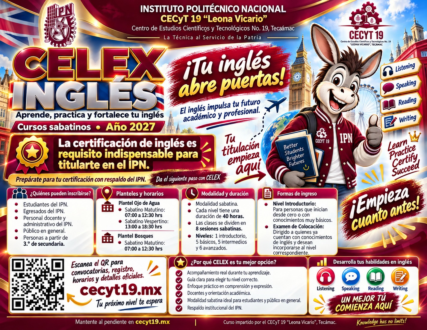 Publicidad de cursos de inglés CELEX del CECyT 19 con formación sabatina, niveles y preparación para certificación